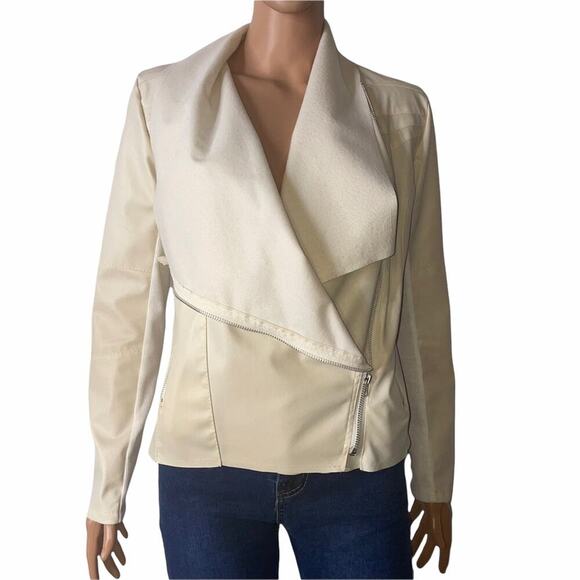 Cream/Vanilla colored jacket pleather draped open front asymmetrical zip SZ Sm - Picture 2 of 13